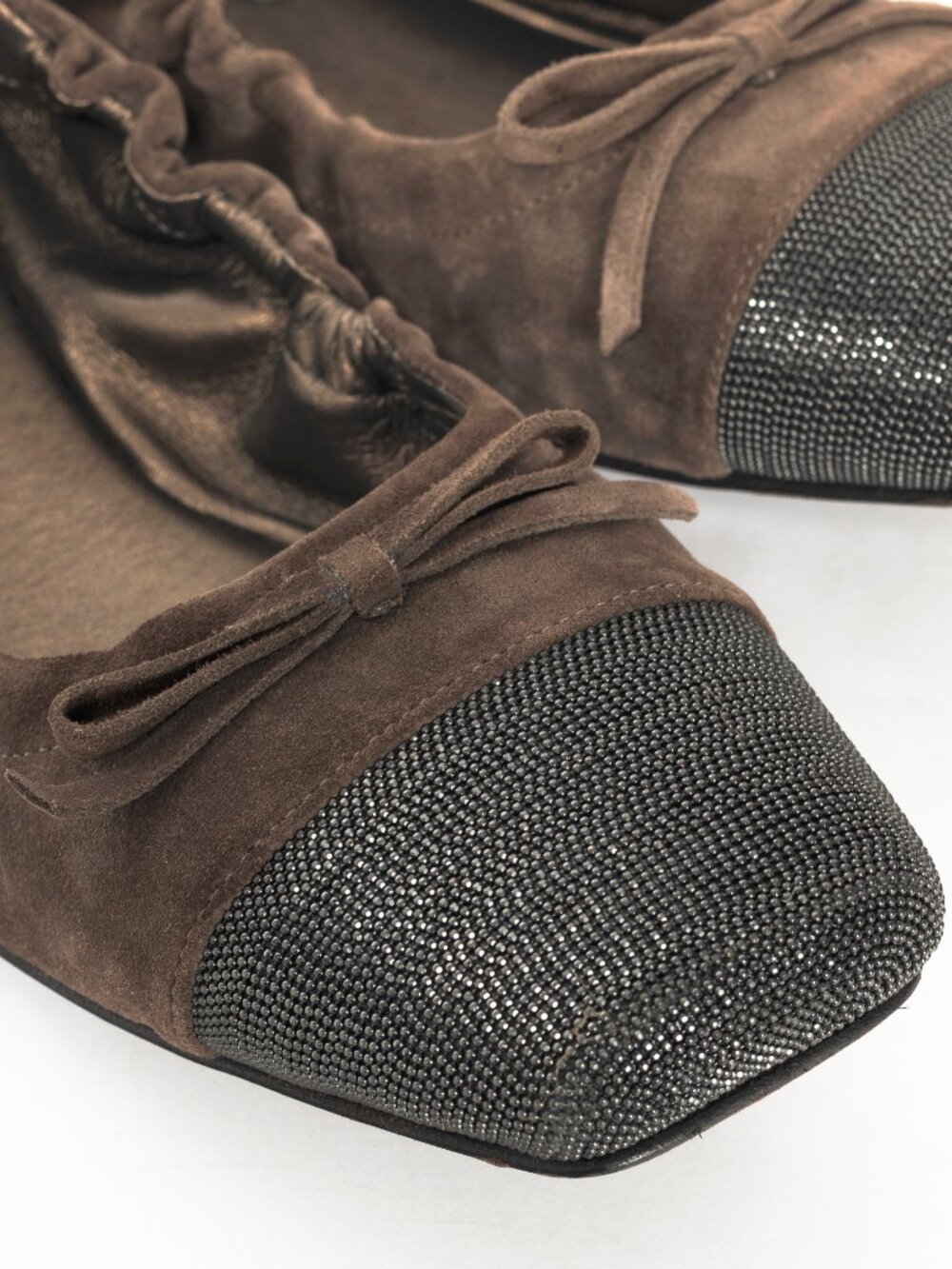 Brunello Cucinelli Brown Suede Monili-Cap-Toe Bow Flats - Picture 7 of 10